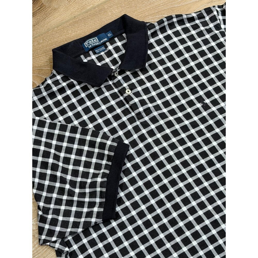 Polo Ralph Lauren VTG Mens XL Black White Gingham Check Polo Cotton Grandpa